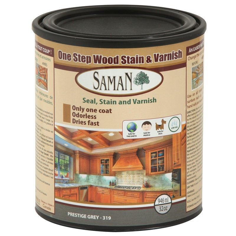 SamaN Interior One Step Wood Seal, Stain and Varnish - Oil Based Odorless Dye - Protection for Furniture and Fine Wood (Prestige Grey SAM-319, 32 oz) - Image 1